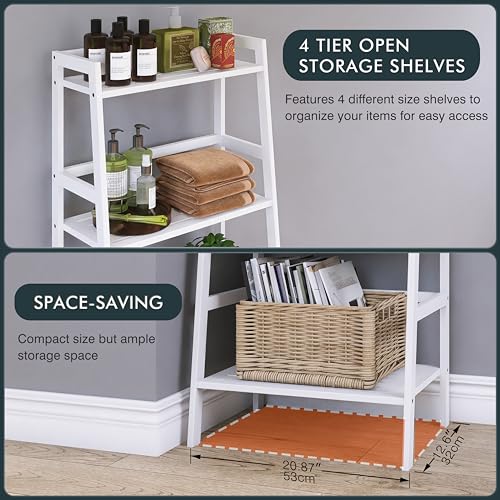 HITNET White Ladder Bookshelf, Leaning Bookcase, 4-Tier Bamboo Shelf, Floor Standing Storage Shelving Unit, Open Display Book Shelves - color: White
