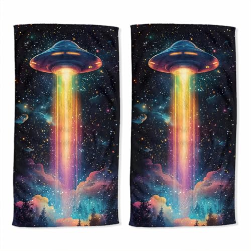 Space Hand Towel Set of 2 UFO Colorful Star Sky Rainbow Absorbent Bath Towels Soft Breathable Bathroom Towel for Kitchen Hotel Spa Decor Gift 14x28 inch - color: Space