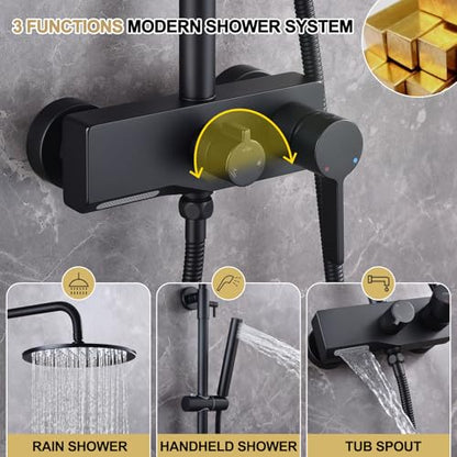 Matte Black Exposed Shower System with 2 Modes HandHeld,3 Functions Tub Shower Faucet Sets with Brass Valve, Shower Fixture with 10 Inches Rainfull Shower Head,Shower Height Adjustable - color: B- Matte Black with Round Shower Head