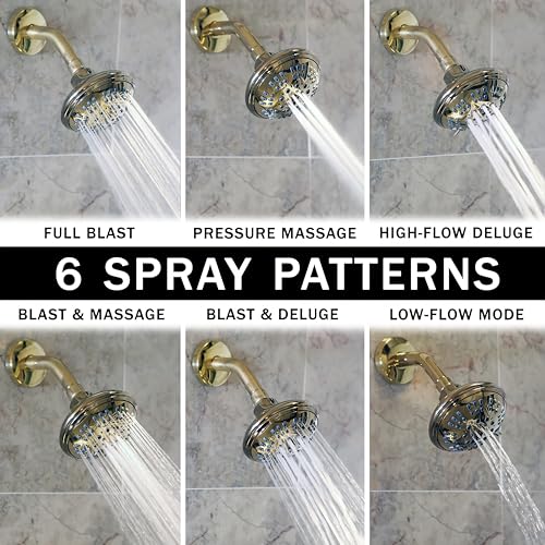 6 Function Luxury Shower Head - 1.8 GPM - Polished Brass | High Pressure Boosting, Adjustable, Wall Mount, Bathroom Showerhead With Anti-Clog Nozzles, Best For Low Flow Showers - color: Polished Brass, size: 1.8 GPM