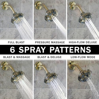 6 Function Luxury Shower Head - 2.5 GPM - Polished Brass | High Pressure Boosting, Adjustable, Wall Mount, Bathroom Showerhead With Anti-Clog Nozzles, Best For Low Flow Showers - color: Polished Brass, size: 2.5 GPM