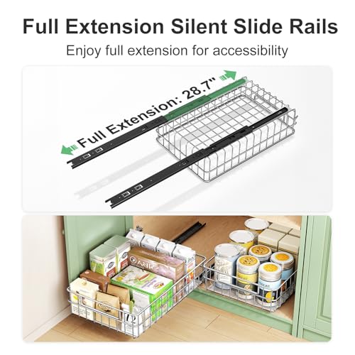 Pull out Cabinet Organizer, Stainless Steel 1-Pack (9.8"W x 16.5"D) Full-Extension Slide out Drawer, Adhesive Roll out Can Spice Storage Basket Shelf Rack for Pantry, Kitchen, Bathroom, Home Closet - size: (9.8"W x 16.5"D x 4.7"H)
