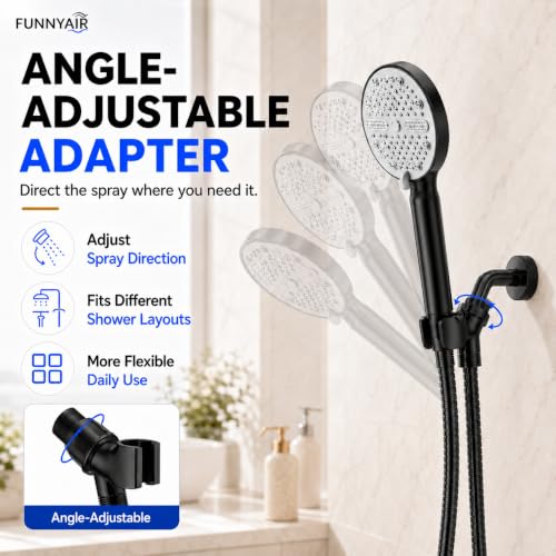 High Pressure Shower Head, Stick-on Low Mount Wall Bracket, Black | 5 Spray Modes, Water-Saving, 360° Adjustable Bracket, For Low Water Pressure Home, RV, Bathroom, Fix Firmly Kid-Friendly - color: Black