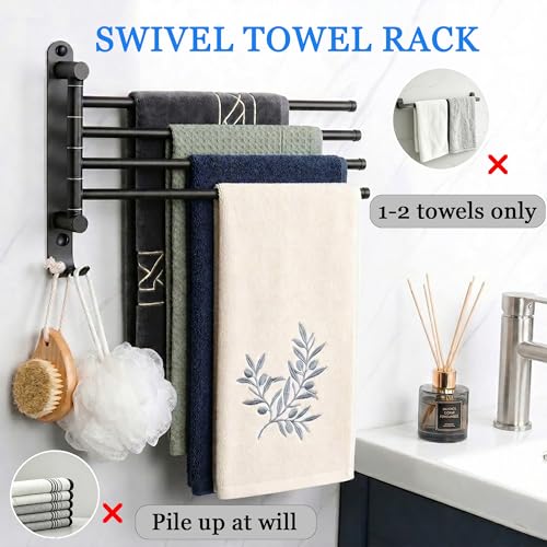 Swivel Towel Rack for Bathroom, 4-Arm 180° Rotating Heavy Duty Towel Bar | Wall Mounted Rustproof Swing Out Towel Holder with Hooks for Space Saving (Matte Black)