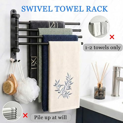 Swivel Towel Rack for Bathroom, 4-Arm 180° Rotating Heavy Duty Towel Bar | Wall Mounted Rustproof Swing Out Towel Holder with Hooks for Space Saving (Matte Black)