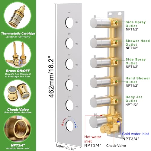 HOMEDEC 16" Round Rain Shower Faucet Set with Dual 6" Wall Shower Head, 5 Way Valve with 2-Function Handheld Shower and Body Jets, Brushed Nickel - color: Brushed Nickel, style: 5-Way + 2x 6" Top