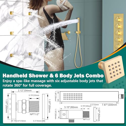 HOMEDEC Bathroom Shower Faucet Set with 14x20inch LED and Dual 6inch Shower Heads, 5 Way Thermostatic Diverter Valve Shower Valve Kit, Brushed Gold - color: Brushed Gold, style: 5-Way + 2x 6" Top