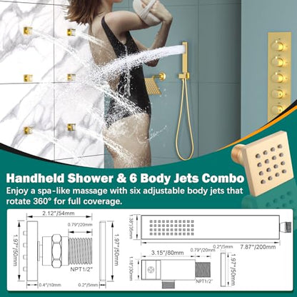 HOMEDEC Bathroom Shower Faucet Set with 14x20inch LED and Dual 6inch Shower Heads, 5 Way Thermostatic Diverter Valve Shower Valve Kit, Brushed Gold - color: Brushed Gold, style: 5-Way + 2x 6" Top