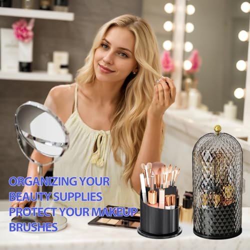 Makeup Brush Holder with Lid, 360 Rotating Multifunction Clear Dustproof Skincare Cosmetic Tools Storage Organizer for Vanity Desktop Bathroom Countertop (Black) - color: Black