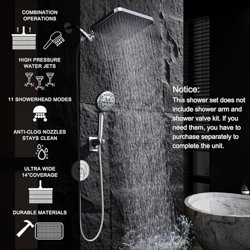 14 Inch Rainfall Shower Head with Handheld Sprayer Combo, High Pressure 10 Spray Settings Dual Shower Head System, Anti-Clog Nozzles Easy Install for Low Water Pressure Bathroom - style: Modern