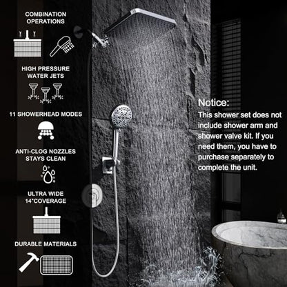 14 Inch Rainfall Shower Head with Handheld Sprayer Combo, High Pressure 10 Spray Settings Dual Shower Head System, Anti-Clog Nozzles Easy Install for Low Water Pressure Bathroom - style: Modern