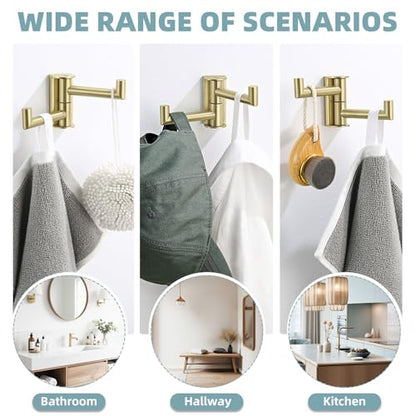 Angle Simple Towel Hook Brushed Gold, Swivel Coat Robe Hook for Bathroom | SUS304 Stainless Steel Hand Face Towel Holder, Rotatable and Foldable Space Saver, Screws Wall Mount - color: Brushed Gold, size: 1 Pack