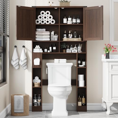 Vabches Home Space-Saving Toilet Rack with 2 Barn Doors, Espresso | Farmhouse Over The Toilet Storage Cabinet, with Toilet Paper Holder Stand, for Laundry, Restroom, Bathroom