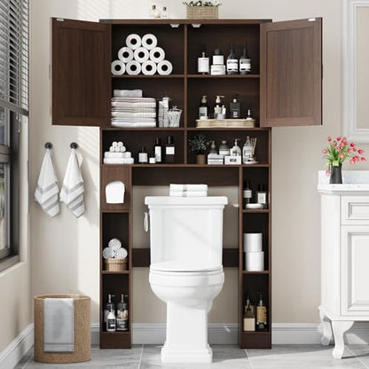 Vabches Home Space-Saving Toilet Rack with 2 Barn Doors, Espresso | Farmhouse Over The Toilet Storage Cabinet, with Toilet Paper Holder Stand, for Laundry, Restroom, Bathroom