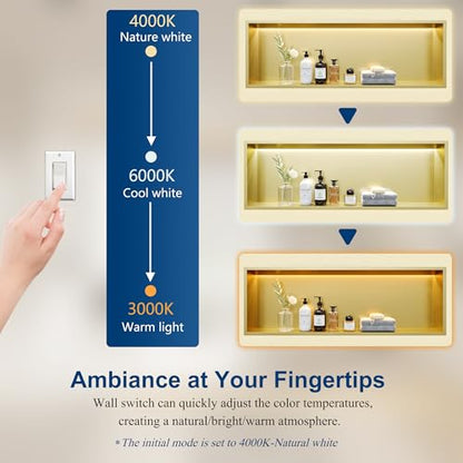 36"x12" Gold LED Shower Niche,3 CCT Dimmable Light, No Tile Needed | 304 Stainless Steel Bathroom Niche w/ Light(3000K/4000K/6000K), IP66 Waterproof, Space Saving & Durable ,LED Driver Included - color: Brass Gold, size: 36X12In