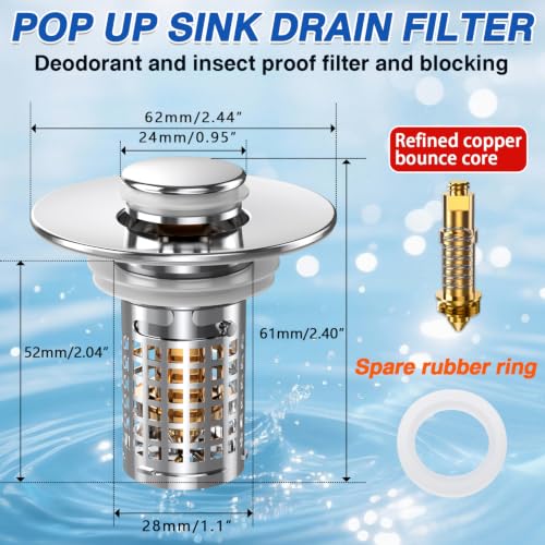 Sink Stopper Hair Catcher, Pop-up Sink Drain Strainer with Removable Stainless Steel Strainer Basket Hair Catcher, Bathroom Sink Strainer for Bathroom Sink Stopper (2PCS) - color: 2,copper Square Mesh