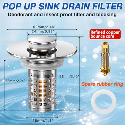 Sink Stopper Hair Catcher, Pop-up Sink Drain Strainer with Removable Stainless Steel Strainer Basket Hair Catcher, Bathroom Sink Strainer for Bathroom Sink Stopper (1PCS) - color: 1,copper Square Mesh