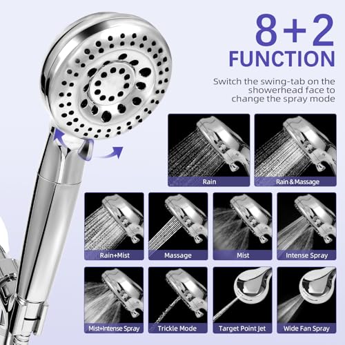 Filtered Shower Head with Handheld, Water Softener for Hard Water | High Pressure, 10 Spray Mode, long 59" Hose, Remove Chlorine, Reduce Dry Itchy Skin