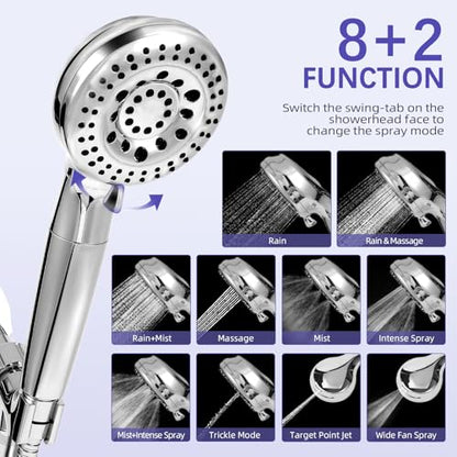 Filtered Shower Head with Handheld, Water Softener for Hard Water | High Pressure, 10 Spray Mode, long 59" Hose, Remove Chlorine, Reduce Dry Itchy Skin