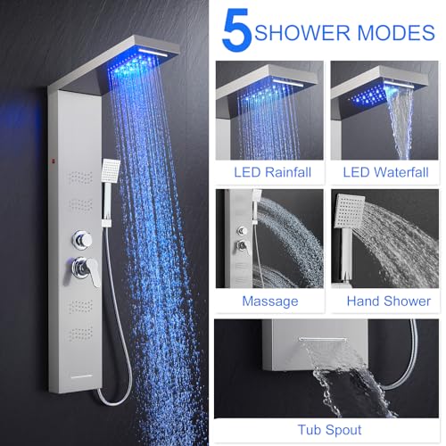 Shower Panel Tower System with LED Lights, Stainless Steel 5 in 1 Shower Panel with Rainfall Waterfall Shower Head, Body Spray, Handheld Shower, Tub Spout (Brushed) - color: Brushed Nickel -Wave Body Spray