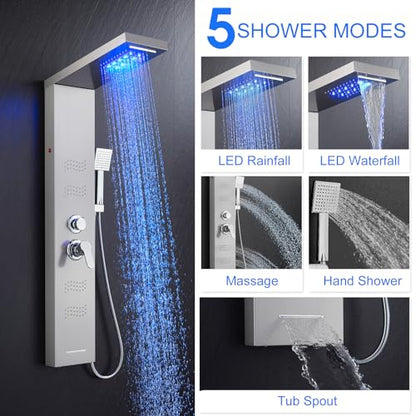Shower Panel Tower System with LED Lights, Stainless Steel 5 in 1 Shower Panel with Rainfall Waterfall Shower Head, Body Spray, Handheld Shower, Tub Spout (Brushed) - color: Brushed Nickel -Wave Body Spray