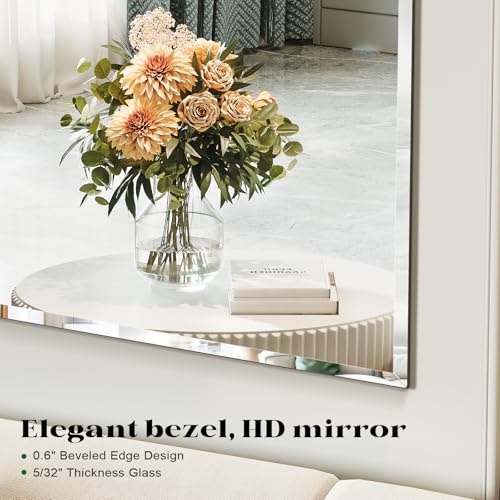 Frameless Bathroom Beveled Wall Mirror, 48"x32" Large Wall Mirror | Beveled Mirror for Over Sink, Vanity, Entryway, Living Room, Dinging Room, Bedroom, Hangs Horizontally or Vertically - size: 48"L x 32"W