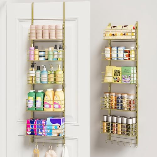 SWTYMIKI Over The Door Organizer - Door Organizer Hanging with 5 Adjustable Metal Large Capacity Basket and 6 Coat Hook, Wall Mounted Shelf for Bedroom Closet Bathroom Laundry Pantry Cabinet Kitchen - color: Gold, size: 5-Tier