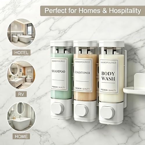 Shampoo and Conditioner Dispenser, Wall-Mounted Shower Soap Dispenser, 3 in 1 No Drill Wall Mounted Soap Dispenser, Large Capacity Triple Refillable Bottles for Bathroom, Hotel, Gym (White)
