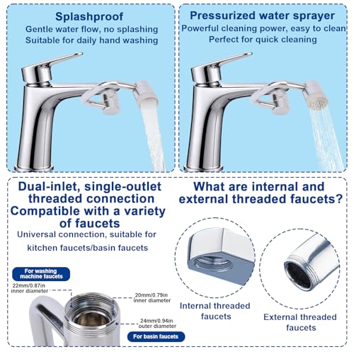 Universal Rotating Faucet Extender, 1080° Swivel Extension Sink Aerator with Dual Spray Modes & Adjustable Rotatable Robotic Arm, for Bathroom Kitchen 15/16'' Accessories & 55/64'' Threads Parts
