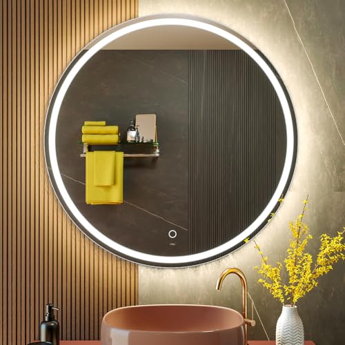 KWW Round Mirror Bathroom LED Lighted Mirror, Illuminated Dimmable Anti-Fog Wall-Mounted Makeup Vanity Mirror with Lights (36 inches) - size: 36"L x 36"W