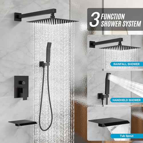 10" Rain Shower Faucet Set with Tub Spout, Matte Black | Anti-scald cartridge, air tech boosts pressure 50%, 3-func diverter, NPT 1/2 - color: Matte Black, style: 10"-Wall Mount(With Tub Spout)