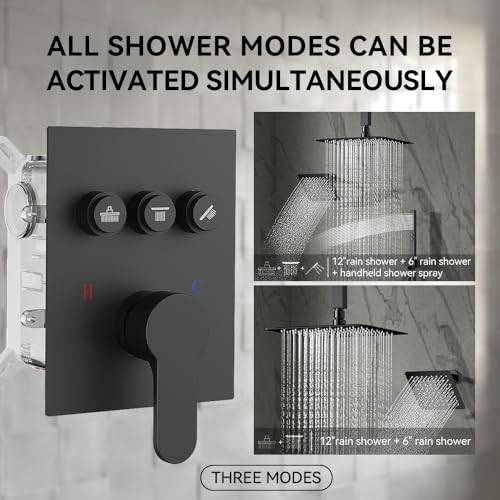 Shower Faucet Set, Wall Mount 12" Rain Shower System with Handheld and 6" Rainfall Shower Head, Can Use 2 Modes Together for Two People, 3 Way Shower Valve with 5 Diverter Complete, Matte Black - color: Matte Black, size: 6+12 inch-07