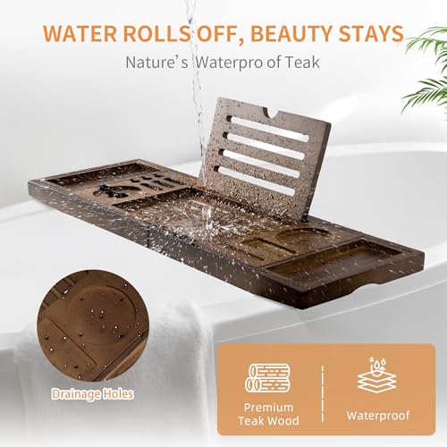 Wood Bathtub Tray Table - Foldable Bath Tray for Tub with Expandable Handles, Wine Glass & Phone Holder, Book Stand - Enhance Home Spa Experience with Natural TeakMaterial, Walnut - color: Walnut