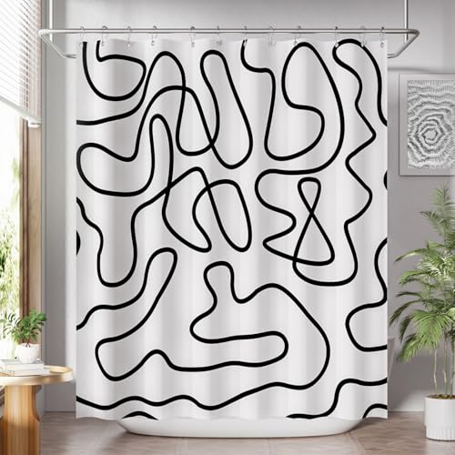 AmazerBath Shower Curtain, Washable Cloth Black and White Shower Curtain Sets with 12 Metal Shower Curtain Hooks, Rustic Abstract Black Lines Art Fabric Shower Curtains for Bathroom Decor, 72x72 Inch - color: B- Line Art +12 Metal Hooks, size: 72"W x 72"L