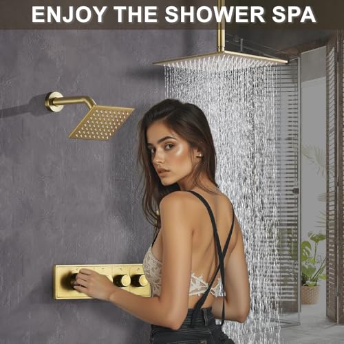 Shower System Modern Rain Brass Faucet Set With Valve and Diverter Shower Mixer With Handheld High Pressure Square Rainfall Shower Valve (12+6'' Wall Mount Thermostatic Valve, Brushed Gold) - color: Brushed Gold, style: 12+6'' Wall Mount Thermostatic Valv