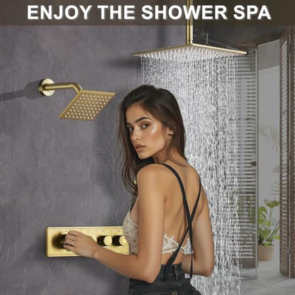 Shower System Modern Rain Brass Faucet Set With Valve and Diverter Shower Mixer With Handheld High Pressure Square Rainfall Shower Valve (12+6'' Wall Mount Thermostatic Valve, Brushed Gold) - color: Brushed Gold, style: 12+6'' Wall Mount Thermostatic Valv