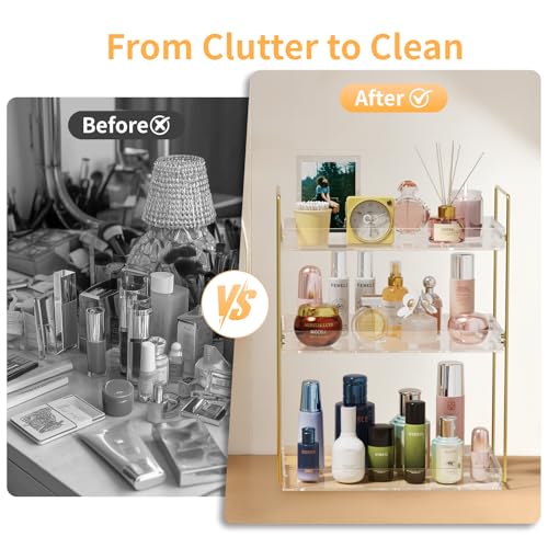Bathroom Countertop Organizer, 3 Tier Acrylic Tray Vanity Counter Skincare Organizer Shelf, Kitchen Under Sink Standing Rack, Home Storage Holder for Lotion Makeup Cosmetics Perfume Spice, Gold | Kitchen Under Sink Standing Rack, Home Storage Holder for L