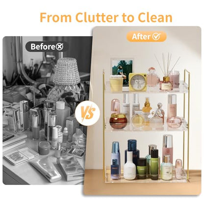 Bathroom Countertop Organizer, 3 Tier Acrylic Tray Vanity Counter Skincare Organizer Shelf, Kitchen Under Sink Standing Rack, Home Storage Holder for Lotion Makeup Cosmetics Perfume Spice, Gold | Kitchen Under Sink Standing Rack, Home Storage Holder for L