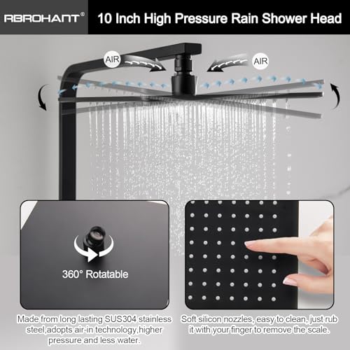 RBROHANT 3 Functions Exposed Shower System, Matte Black Exposed Shower Faucet Set, 10 Inch Rain Shower Head with Handheld and Tub Spout,Shower Height Adjustable, Wall Mounted - color: Matte Black
