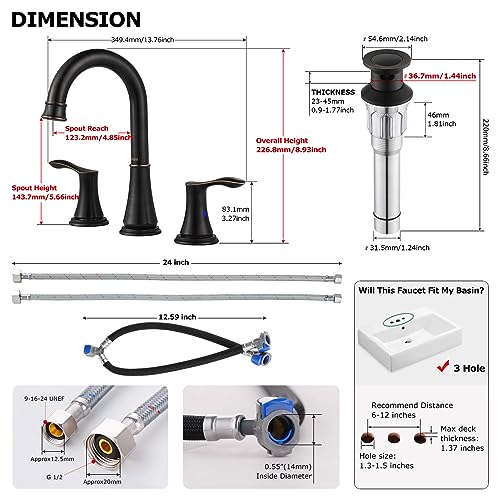 Oil Rubbed Bronze Widespread Bathroom Sink Faucet 8 Inch for Vanity | with All Metal Pop Up Drain, High Arc 2 Handle Lead-Free Deck Mount Bathroom Faucet for 3 Hole Lavatory Utility Sink - color: Oil Rubbed Bronze