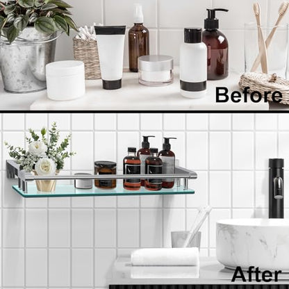Glass Shelves for Bathroom, 20IN Rectangular Chrome Stainless Steel Tempered Glass Shelf Wall Mount Shelf Sink Over Toilet Modern Bathroom (Chrome Polished, 20‘’) - color: Chrome Polished, size: 20'' with Railing