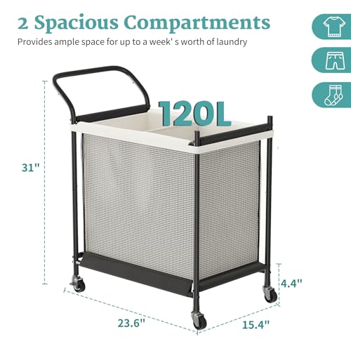 Laundry Hamper with Wheels - 2 Section Laundry Basket 120L, Removable Washable Bags, Height-Fitted Rolling Laundry Cart for Laundry Room & Bedroom - size: 120L(2-Section)