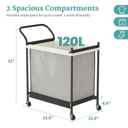 Laundry Hamper with Wheels - 2 Section Laundry Basket 120L, Removable Washable Bags, Height-Fitted Rolling Laundry Cart for Laundry Room & Bedroom - size: 120L(2-Section)
