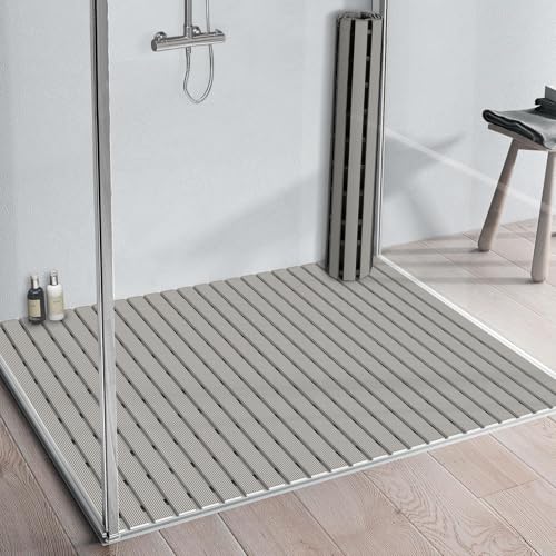 Yolife PVC Large Shower Mat, 35.4 × 24 Inch Non Suction Cup Non Slip Shower Floor Mat, Easy to Cut & Curlable Stand Up Shower Stall Mat, Heavy Duty Bath Shower Mats for Inside Shower - color: Light Grey