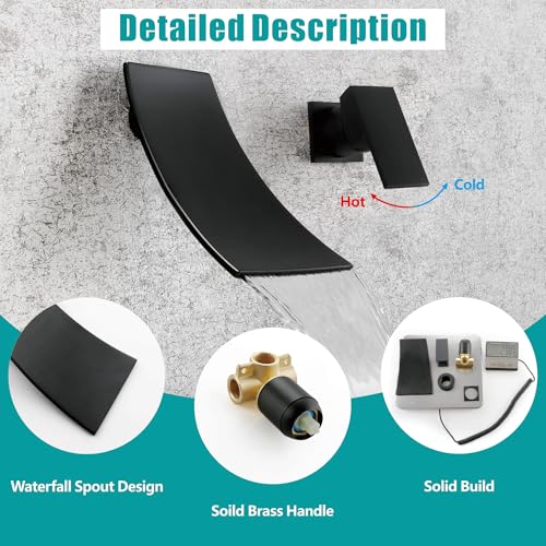 SKOWLL Matte Black Wall Mount Bathroom Faucet, Single Handle Bathroom Sink Faucet, Modern Waterfall Wall Mount Bathtub Faucets with Independent Swich, Filler Rough-in Valve Included - color: Matte Black