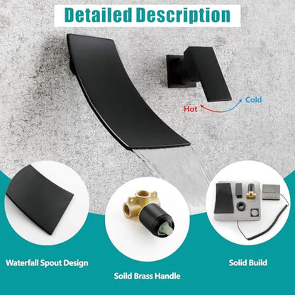 SKOWLL Matte Black Wall Mount Bathroom Faucet, Single Handle Bathroom Sink Faucet, Modern Waterfall Wall Mount Bathtub Faucets with Independent Swich, Filler Rough-in Valve Included - color: Matte Black