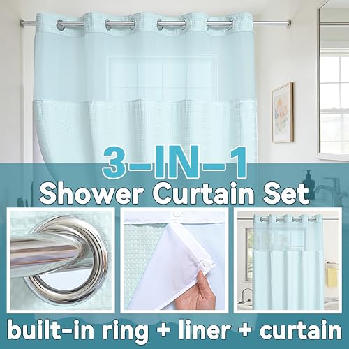 Conbo Mio No Hook Waffle Weave Shower Curtain with Snap in Liner Set, Hotel Luxury Blue Shower Curtains for Bathroom with See Through Top Window, Waterproof, Washable 71W x 74H - color: Waffle-blue, size: 71"W x 74"L (Pack of 1)