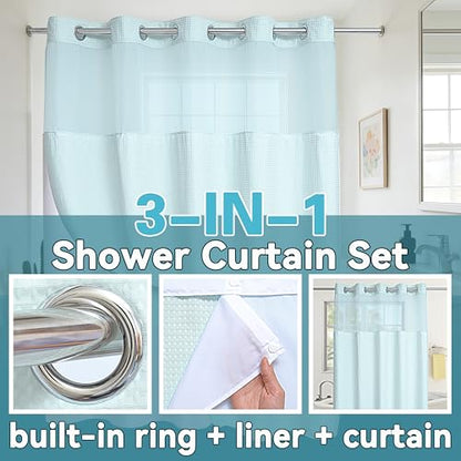 Conbo Mio Extra Long No Hook Waffle Weave Shower Curtain with Snap in Liner Set, Hotel Luxury Blue Shower Curtains for Bathroom with See Through Top Window, Waterproof, Washable 71W x 84H - color: Waffle-blue, size: 71"W x 84"L (Pack of 1)