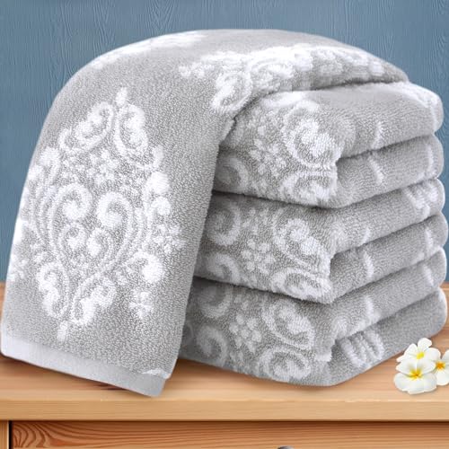 Hand Towels for Bathroom, 4PC 16"x27" - 100% Cotton | Quick Dry | Absorb | Lightweight, Decorative Hand Towels for Showering, Gray Damask Pattern Towel, Bathroom Essentials, Grey and White - color: Silver and White, size: 4 PC Hand Towel Set