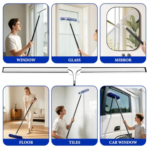 2-in-1 Window Shower Squeegee with Extension Pole for Glass Doors | Professional Window Cleaner Tool, 14" Wide Washing Equipment for High Outside Glass, Solar Panels, Shower, Car Windshield